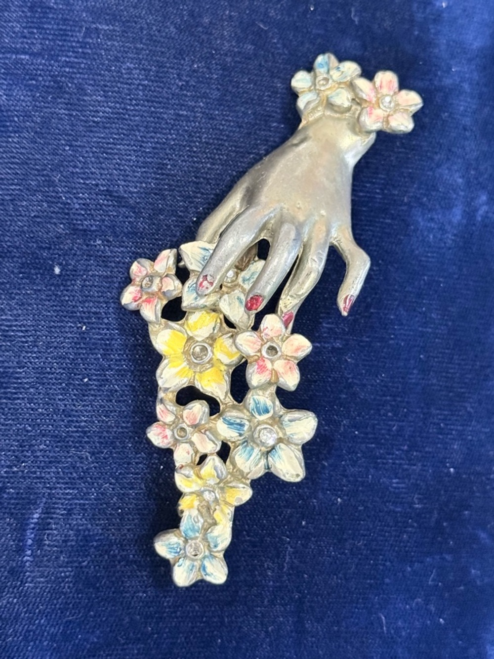 Floral Hand Brooch with Multicolor Enamel Accents